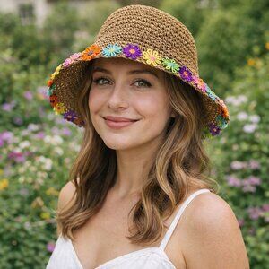 BP Straw Crochet Sun Hat Floral Trim Wide Brim Neutral